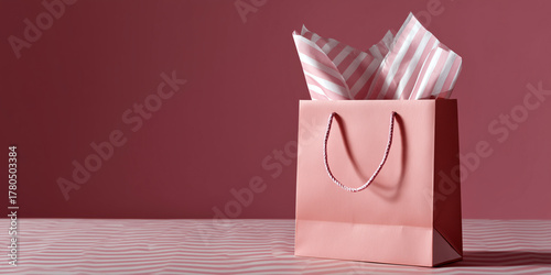 An elegant, open gift bag with pink tissue paper against a coordinating background, perfect for presentations or gifts