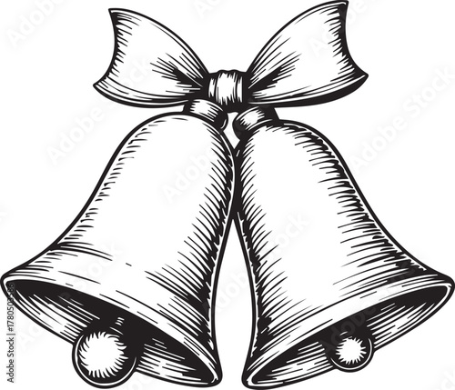 A pair of ornate bells, adorned with a graceful bow, exude a sense of occasion, their timeless design evokes celebration, announcement.