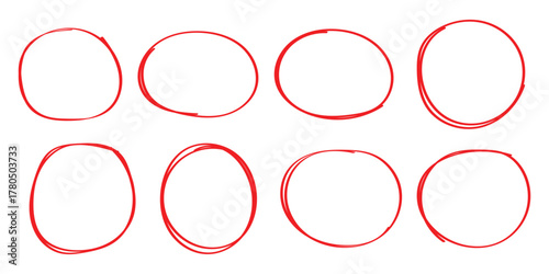 red circle highlight, pen ovals doodle. Marker ellipses frames in sketch style. Hand drawn vector illustration  . Vector circular scribble doodle round circles for message and for note mark .  eps 10 