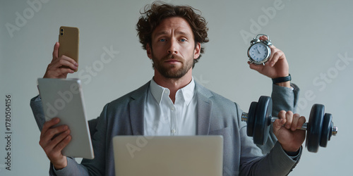 A busy man juggling the demands of work and life, multi-tasking and maintaining his fitness 
