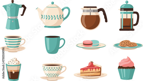 Charming Coffee and Dessert Icons, Espresso Makers, Teapots, Cups, Cookies, Macarons, Cheesecake, Cupcake, French Press, Whipped Cream Delights