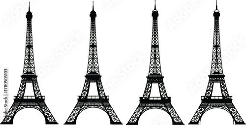Eiffel Tower Silhouette Set, Iconic Paris Landmark in Black Outline, Architectural Elegance for Travel, Culture, and Design Themes