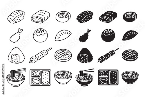 Japanese food cuisine line icon set. Asian street food snack silhouette pack. Sushi nigiri, egg roll, tempura, gyoza, rice, satay, pie, udon, ramen, bento box, takoyaki. Vector illustration.