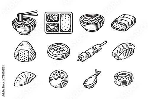 Asian street foods engraving icon design pack. Japanese food cuisine doodle hatching illustration set with sushi nigiri, egg roll, tempura, gyoza, rice, satay, pie, udon, ramen, bento box, takoyaki