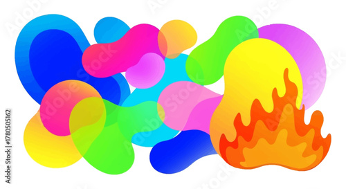 A cluster of colorful translucent blobs with a flameshaped yellow  orange blob on the right
