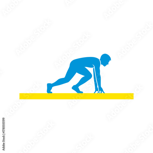 Blue silhouette of athlete crouches at starting line preparing to sprint forward in competitive race, symbolizing determination and readiness.