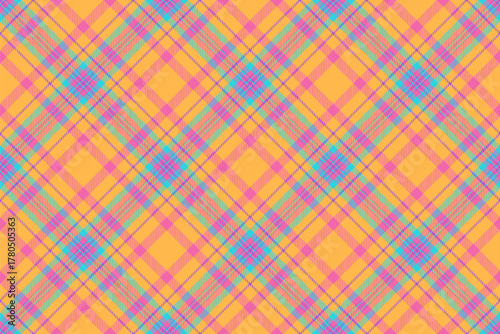 Folk tartan fabric plaid, nobility textile vector texture. Give check seamless pattern background in amber and pink colors.