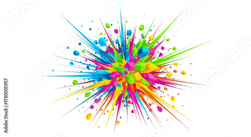 An explosion of vibrant polygons and lines radiates outward on a white background