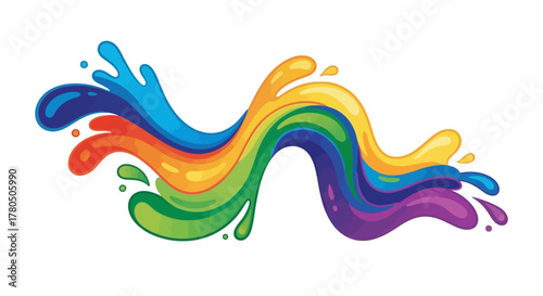 Rainbow colors flow in a wavy splash design on a white background