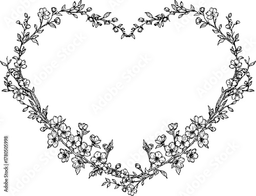Flower frame from cherry blossom branches, sketch. Vector illustration. Heart-shaped frame made of flowers isolated on a white background. For cards, invitations, holidays, weddings and birthdays