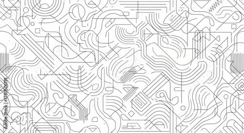 Abstract pattern of curving lines geometric shapes and parallel linear elements on a white background