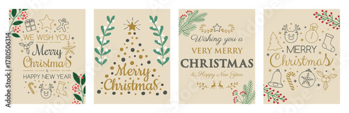 Set of Christmas cards on a beige background with the text Merry Christmas and Happy New Year decorated with fir branches, mistletoe, and red berries. Perfect for holiday greetings and decoration.