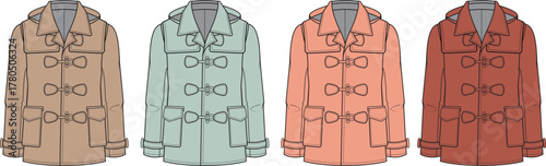 A stylish conceptual vector illustration displaying a diverse range of women's duffle coats in various appealing colors, perfect for modern winter and autumn fashion apparel design