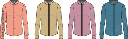 Collection of four women's long-sleeved button-up shirts in different solid colors, presented in a flat design illustration