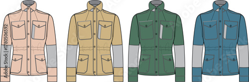 Apparel design templates four flat technical drawings of versatile utility jackets in multiple color schemes, ideal for modern fashion development and clothing illustration