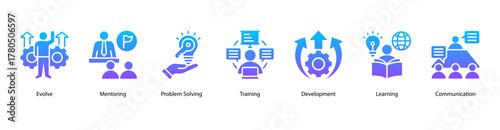 Professional Growth web banner vector illustration featuring Evolve, Mentoring, Problem Solving, Training, Development, Learning, and Communication.