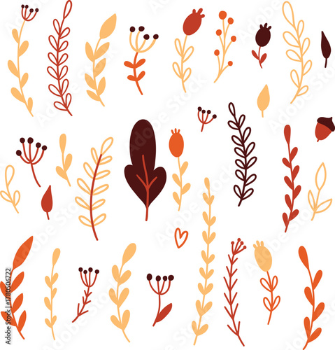 Fall vector illustration of hand drawn autumn leaves, branches and floral elements in warm seasonal tones isolated