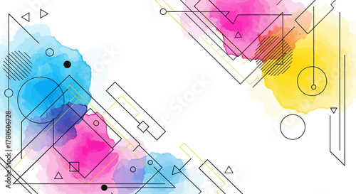 Abstract geometric design featuring watercolor blots and linear shapes