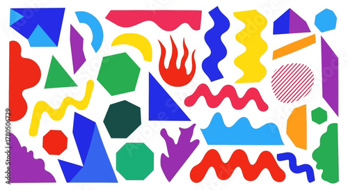 Collage of colorful geometric and organic shapes arranged on a white background