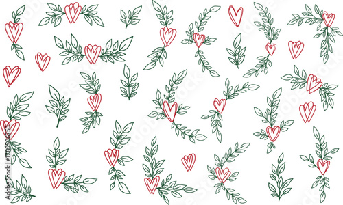 Vector illustration of hearts and leaves bundle with green botanical branches and red line art hearts in romantic hand drawn style