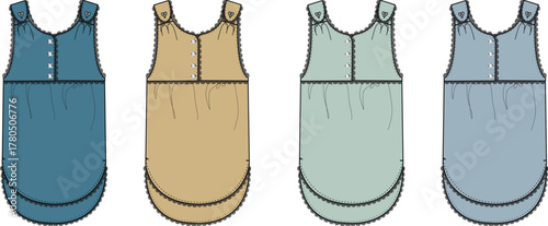 Row of sleeveless tunic tops in muted color variations for fashion design layout