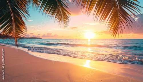 Fototapeta Naklejka Na Ścianę i Meble -  Idyllic tropical beach at sunset with palm fronds framing the scene golden sun reflecting on gentle ocean waves and wet sand under a colorful sky