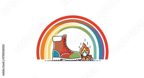 Colorful hiking boot beside campfire under rainbow represents adventure and outdoor lifestyle, perfect for travel blogs and vibrant designs