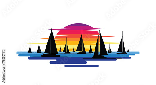Sailboats glide across the ocean at sunset in a vibrant vector graphic perfect for travel, summer, or nautical designs and creative presentations