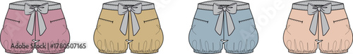 Vector illustration of casual women's or girls' drawstring shorts design in various pastel colors, perfect for fashion design, textile prints, or pattern making projects