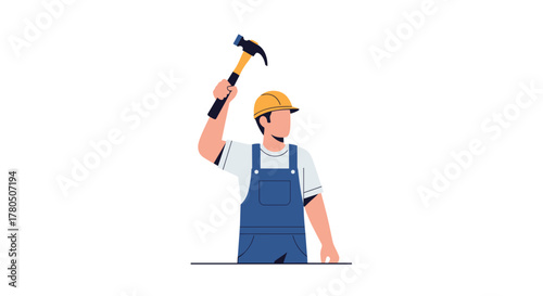 Craftsman ready to work construction project with hammer wearing protective gear and overalls, a symbol of modern building progress