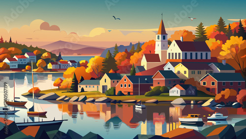 Very beautiful panoramic view of Camden, Maine harbor on the East Coast, USA, during sunrise in autumn, featuring colorful fall foliage, calm water reflections, and charming coastal town buildings 