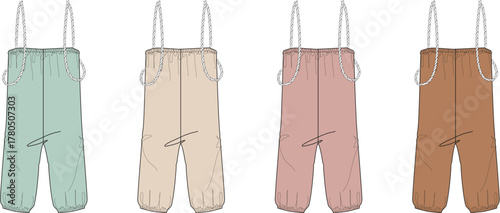 Fashion design concept Detailed flat lay technical drawings of baby and toddler overalls in soft pastel colors, perfect for children's clothing development