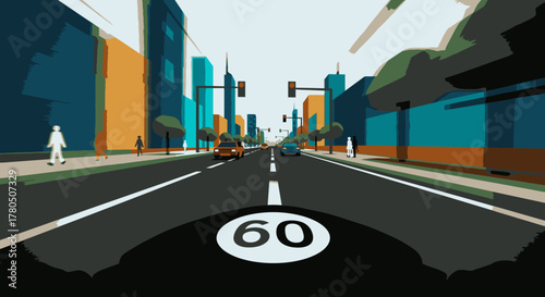 A vibrant, stylized flat design illustration captures a dynamic urban street scene with cars, pedestrians, and skyscrapers, emphasizing modern city life and speed.