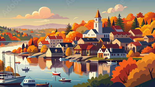 Very beautiful panoramic view of Camden, Maine harbor on the East Coast, USA, during sunrise in autumn, featuring colorful fall foliage, calm water reflections, and charming coastal town buildings 