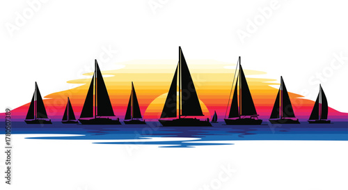 Sailboats silhouetted against a vibrant sunset create a feeling of freedom and escape on the open water with a colorful and calming atmosphere