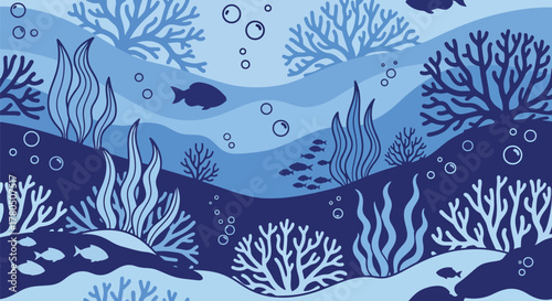 Modern Underwater Scene with Seaweed and Fish Seamless Pattern Illustration