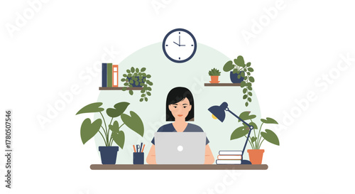 Remote worker enjoying a productive day at a plant filled home office, perfect for showcasing work life balance and modern telecommuting styles