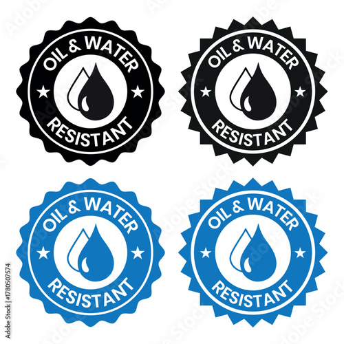 Oil and Water Resistant Logo Badge – Vector Icon for Business Information and Product Labels. Oil and Water Resistant icon, sticker, label, emblem, stamp, symbol, black, line, flat vector.