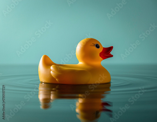 Yellow Rubber Duck Floating on Water with Pastel Mint Background