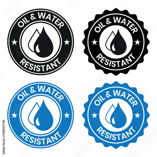 Oil and Water Resistant Logo Badge – Vector Icon for Business Information and Product Labels. Oil and Water Resistant icon, sticker, label, emblem, stamp, symbol, black, line, flat vector.