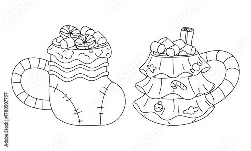 set of Christmas mugs in the shape of a Christmas sock and a Christmas tree. A warm drink decorated with cream, sweets, and cookies. Festive cups for hot cocoa to decorate winter holidays and products