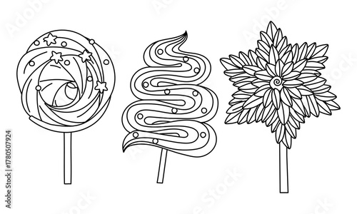 set of hand-made marshmallows with stylized drawings of spiral, snowflake, Christmas tree. outline illustration is black on white. Sweets perfect holiday decorations, sticker packaging, web design.