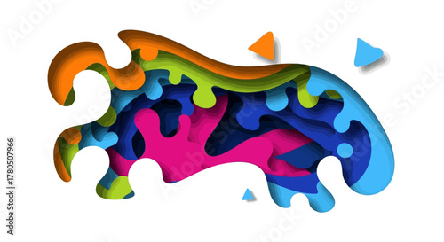 A multilayered colorful abstract shape with orange green pink and blue hues accompanied by three triangular shapes