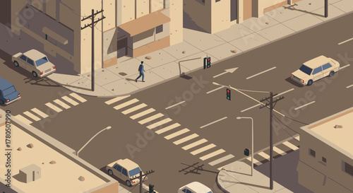 An isometric, stylized illustration depicts a quiet urban intersection with cars, a pedestrian, and buildings, capturing the essence of city life and movement.