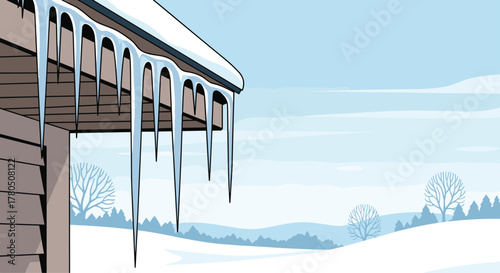 Winter's chill captures the snow covered landscape with icy icicles hanging from the roof of a cozy cabin on a cold and crisp day