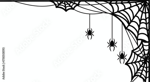Spooky Outline Handdrawn Spider Web with Hanging Spider Illustration Decorative