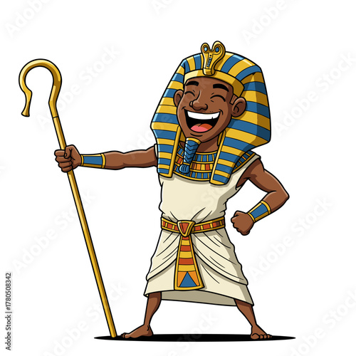Happy cartoon pharaoh in traditional Nemes headdress and robe, holding a golden crook scepter.