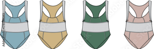 Four color variations of a sporty one-piece bathing suit technical flat sketch. Women's swimwear fashion design vector template for mockups