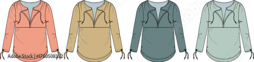 Collection of four stylish pullovers in different pastel shades, featuring a relaxed fit and elegant V-neckline
