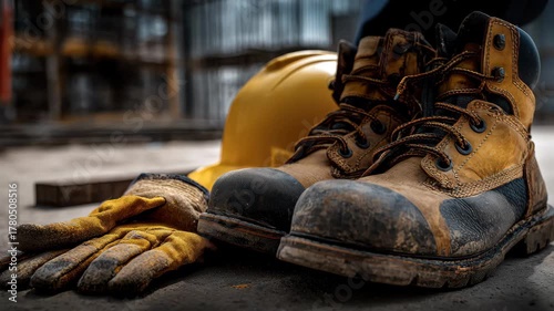 Construction safety gear including work boots, gloves, and hard hat resting on a worksite during daylight hours
